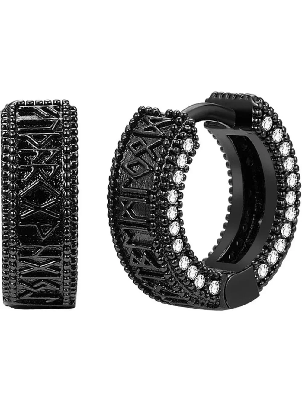 Stylish Black Viking Hoop Earrings for Men | Nordic Runes Huggie with CZ Stone